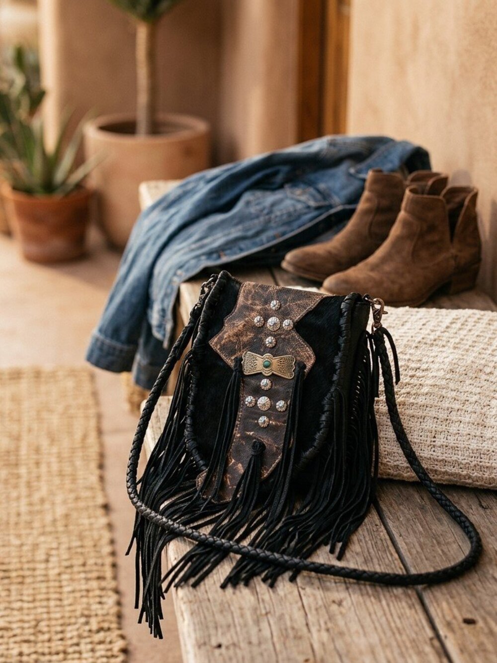 American Darling Black Boho Fringe Concho Crossbody Bag